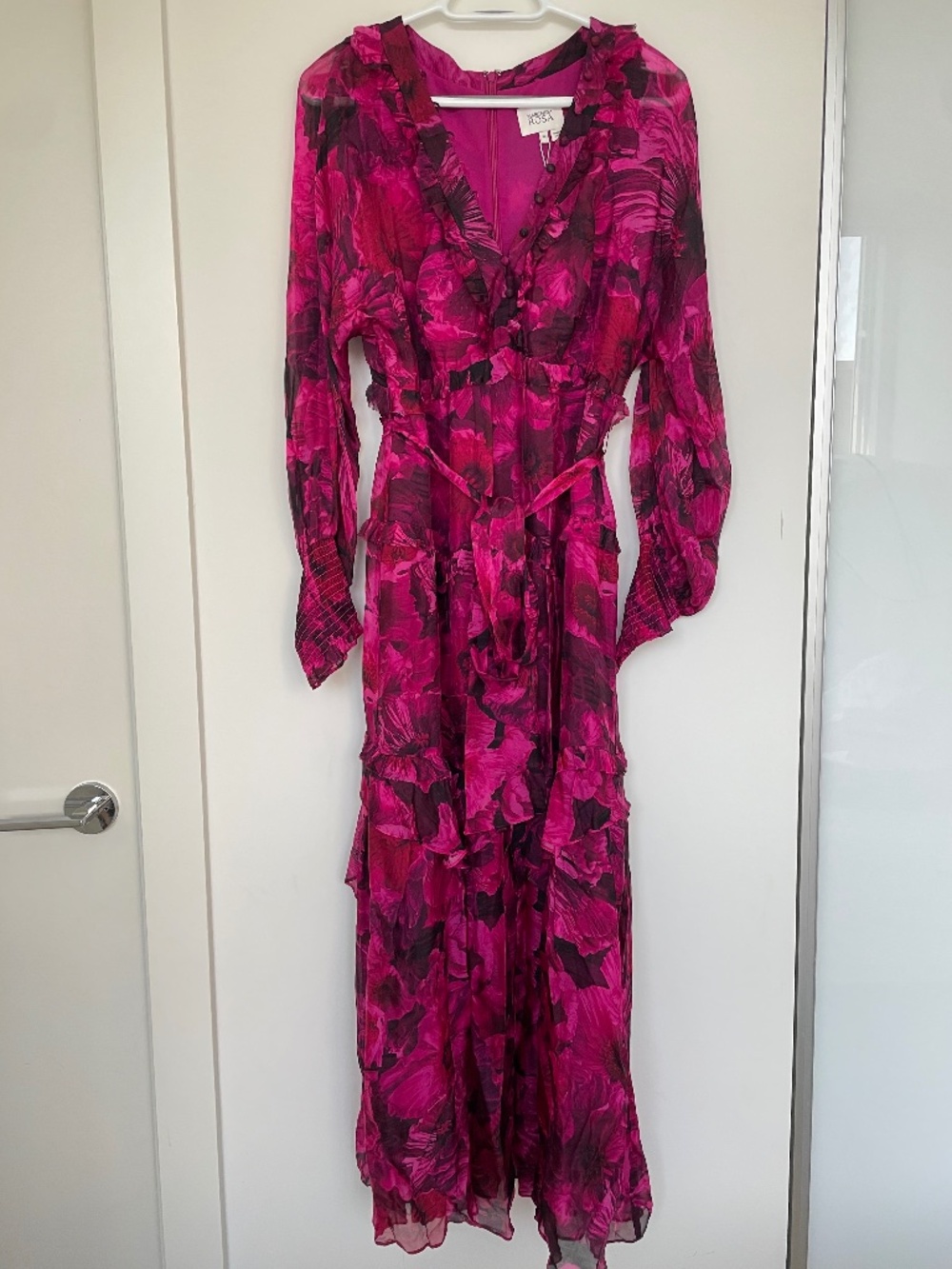 MARCHESA Rosa Leilani Tiered Long Sleeve Maxi Dress Fuchs Size 16 NWT Brand New